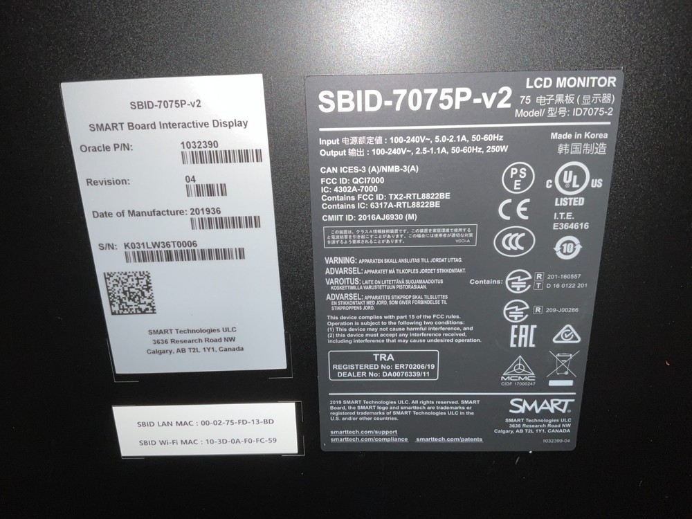 Smart Technologies Smart Board 7075-P 75" Interactive Display SBID-7275P-V2