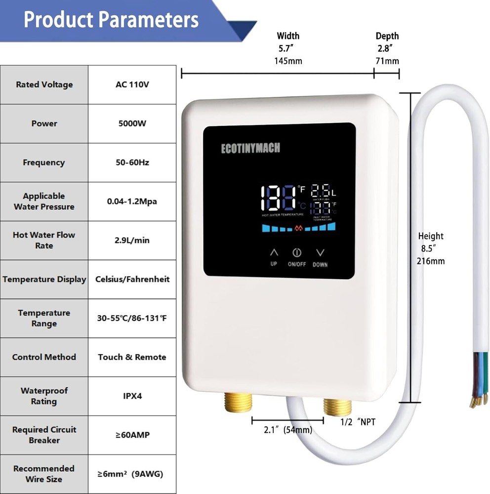 Tankless Water Heater Electric 110V 5000W Instant Water Heater Under Sink Conver