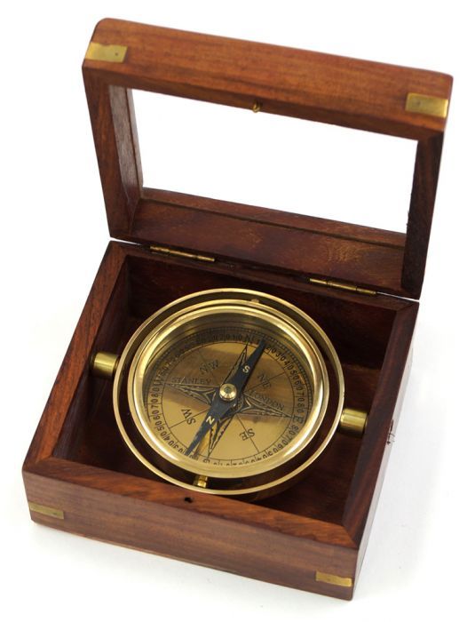 BRASS GIMBAL COMPASS BOXED ~ NAUTICAL COMPASS ~ MARITIME ~ PIRATE ~ COMPASS