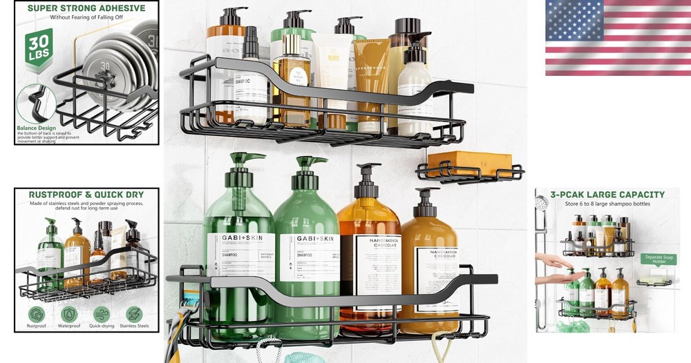 Versatile Rustproof Shower Caddy Set with Easy 2-Step Installation - BlackLarge