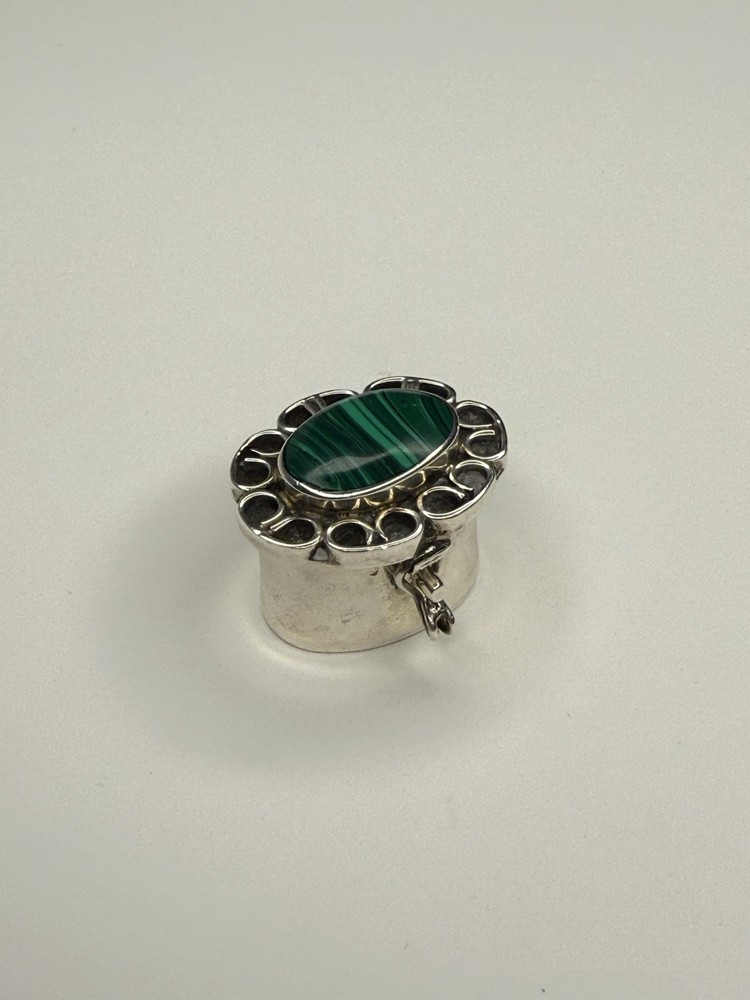 Vintage Sterling Silver Malachite Pill Snuff Box