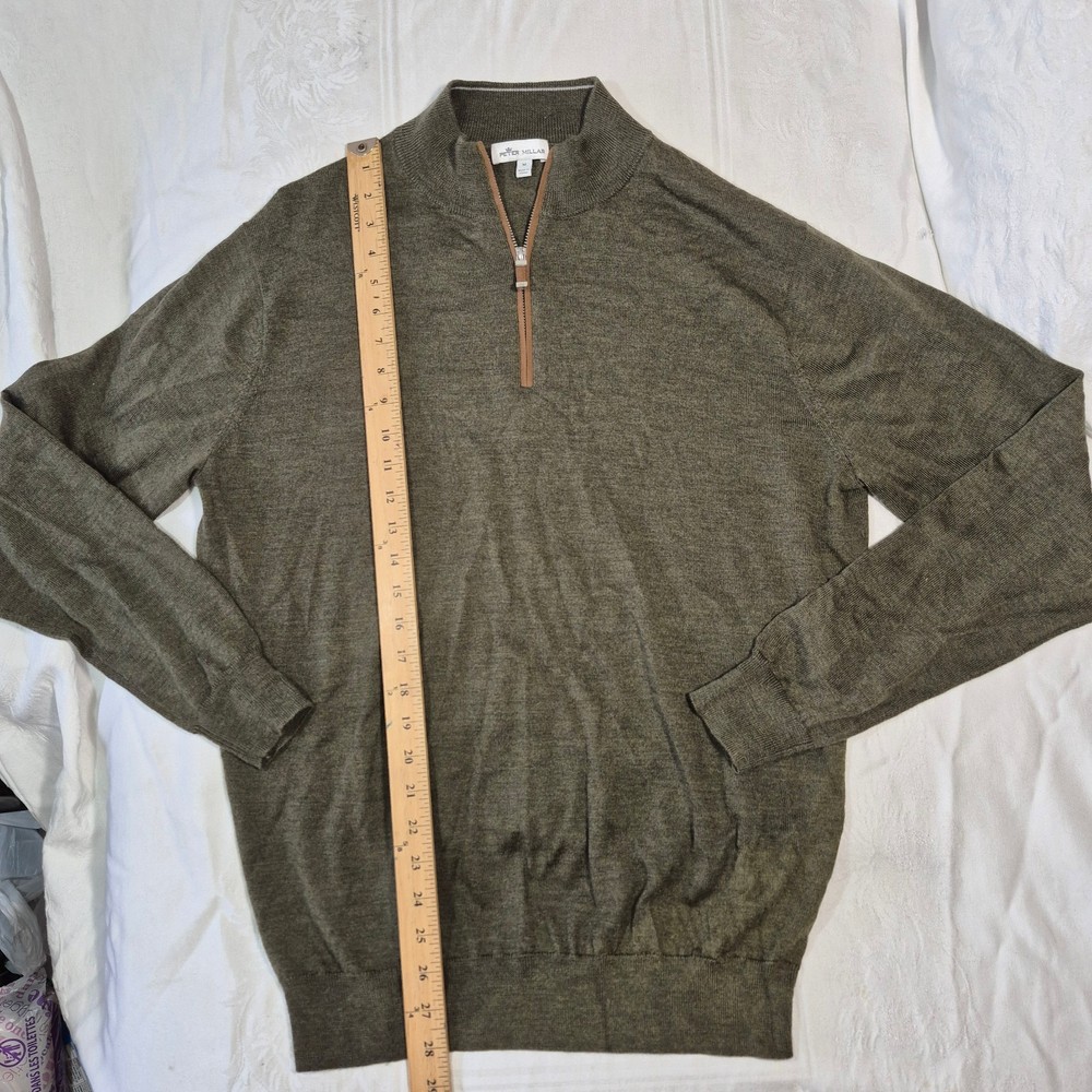 PETER MILLAR 1/4 ZIP MARINO WOOL PULLOVER SWEATER IN OLIVE BROWN MEDIUM