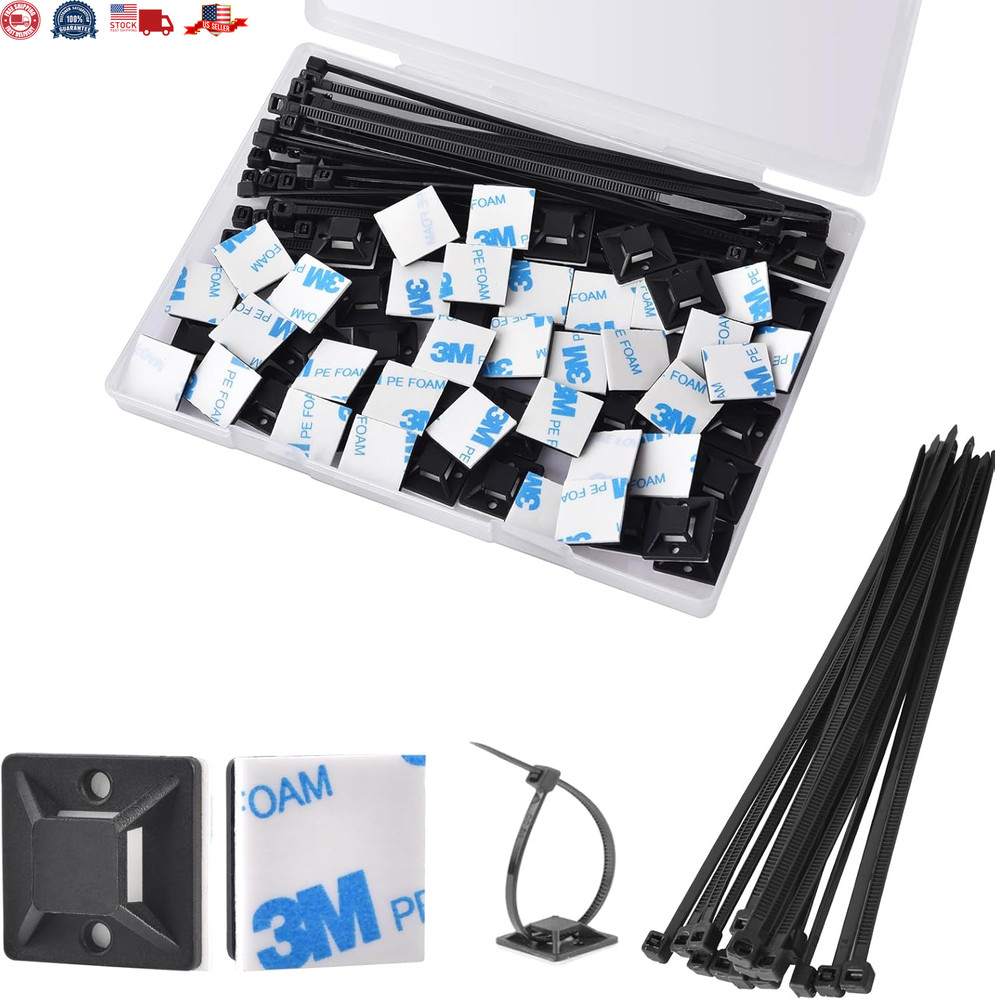 Strong Back-Glue Self Adhesive Cable Zip Tie Mounts Kit - 100 Set Cable Manag