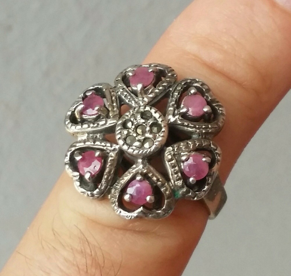 925 SILVER RING women's SOLITAIRE SEAL ruby pink flower