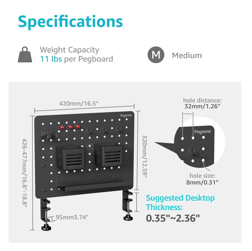 PEGZONE Clamp-on Desk Pegboard, Organizer for Office Medium, Black