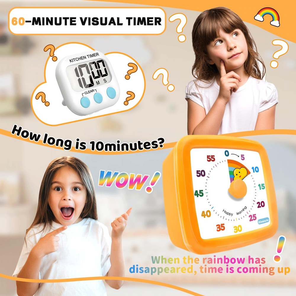 Visual Timer for Kids 60 Minute, Rainbow Countdown Clock with Silent Operation