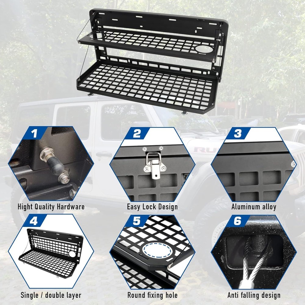 2-Tier Tailgate Table Foldable Storage Cargo Rack 2007-2022 Jeep Wrangler JK&JL