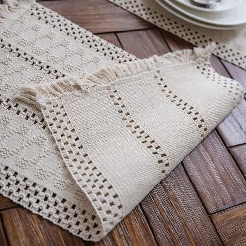 Macrame Table Runner Cream Boho Table Runner with Tassels Hand 12"Wx36"L Beige