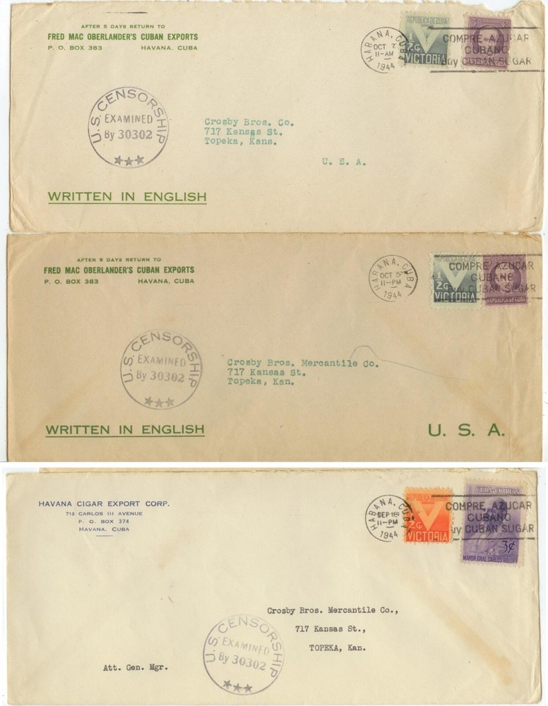 1944 WWII US Censorship Caribbean covers