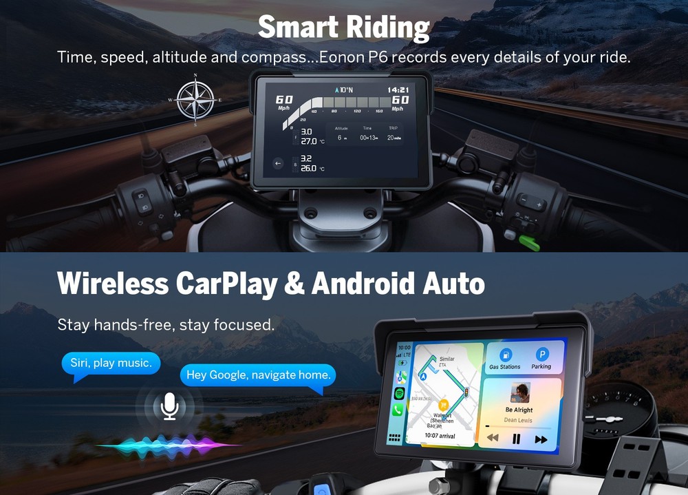 7" IPS Touch Screen Motorcycle Stereo Wireless CarPlay Android Auto Bluetooth 4K