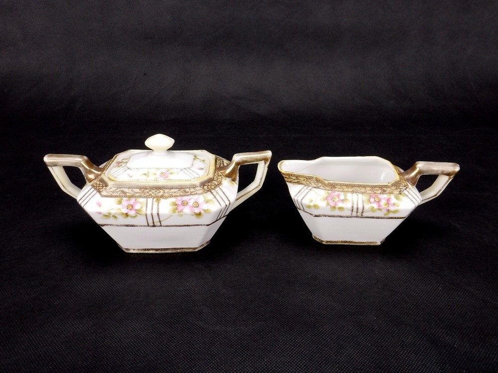Nippon Creamer & Sugar Bowl, Hand Painted Nippon Rectangular Creamer & Sugar
