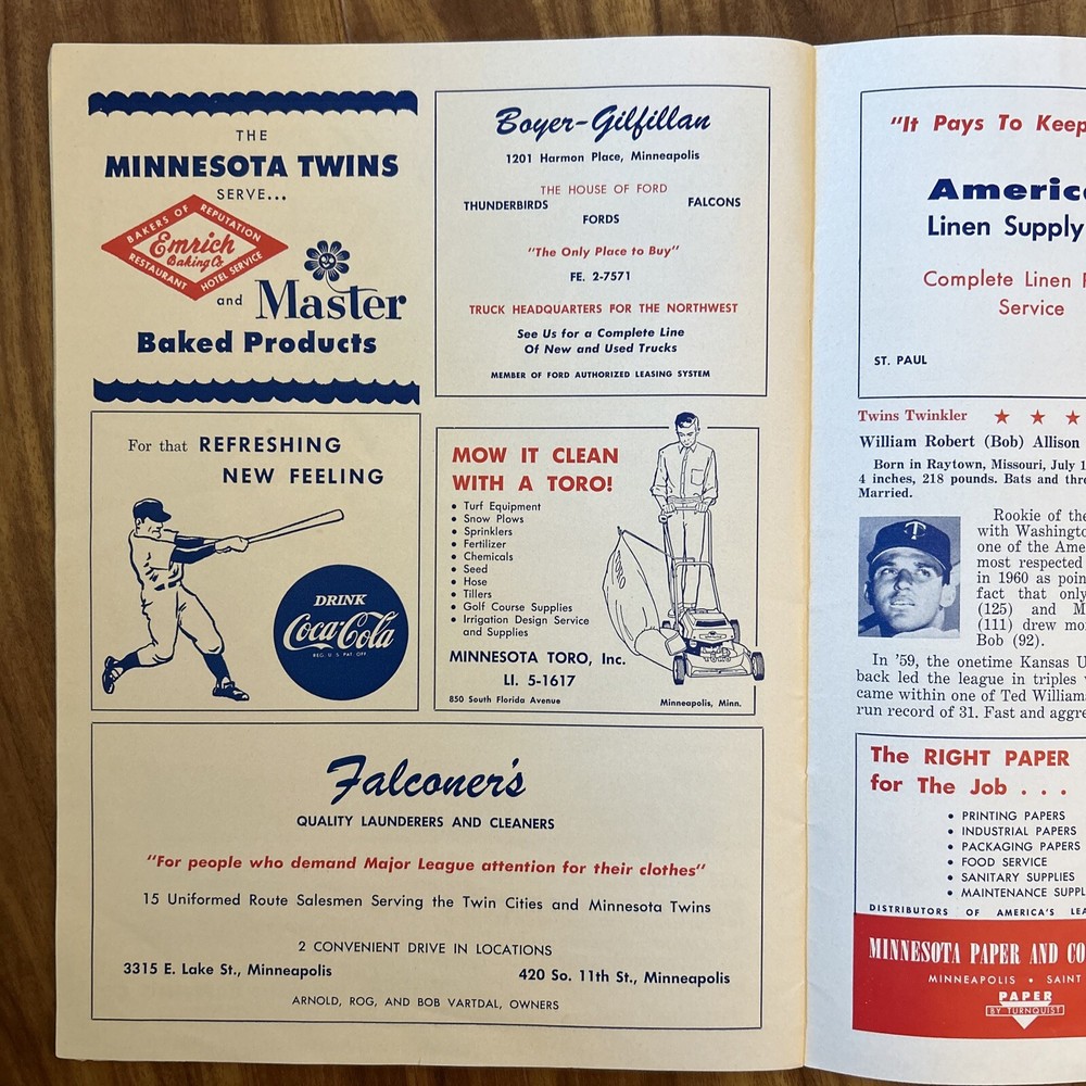 1961 Minnesota Twins First Home Game Series Program v Senators - Scored