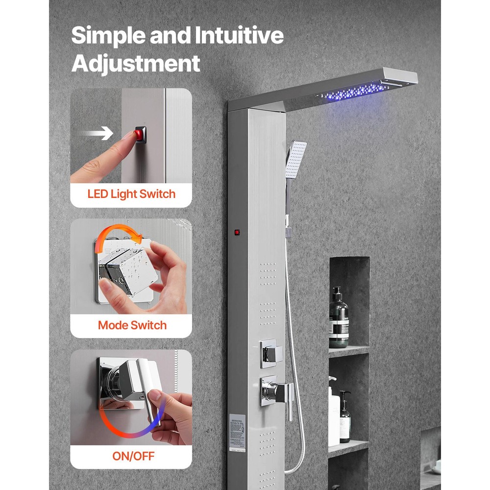 Shower Panel Tower System Stainless Steel Column Rainfall Waterfall Head 5 Modes