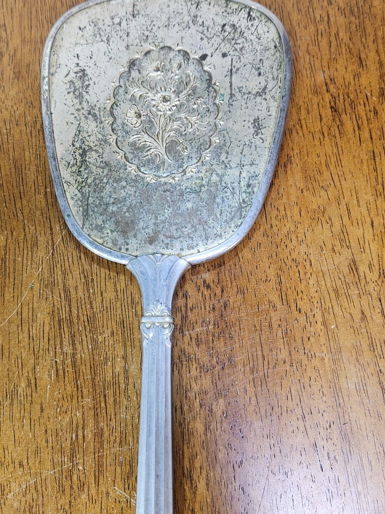 Vintage Hand Held Vanity Mirror Silver Flower Design 13”