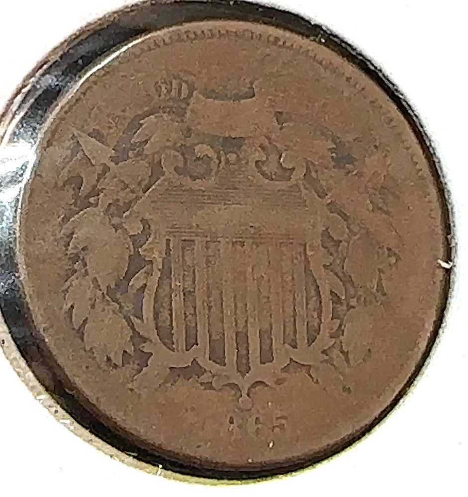 1865 Plain 5 Two Cent Piece Nice Original Good + CHRC