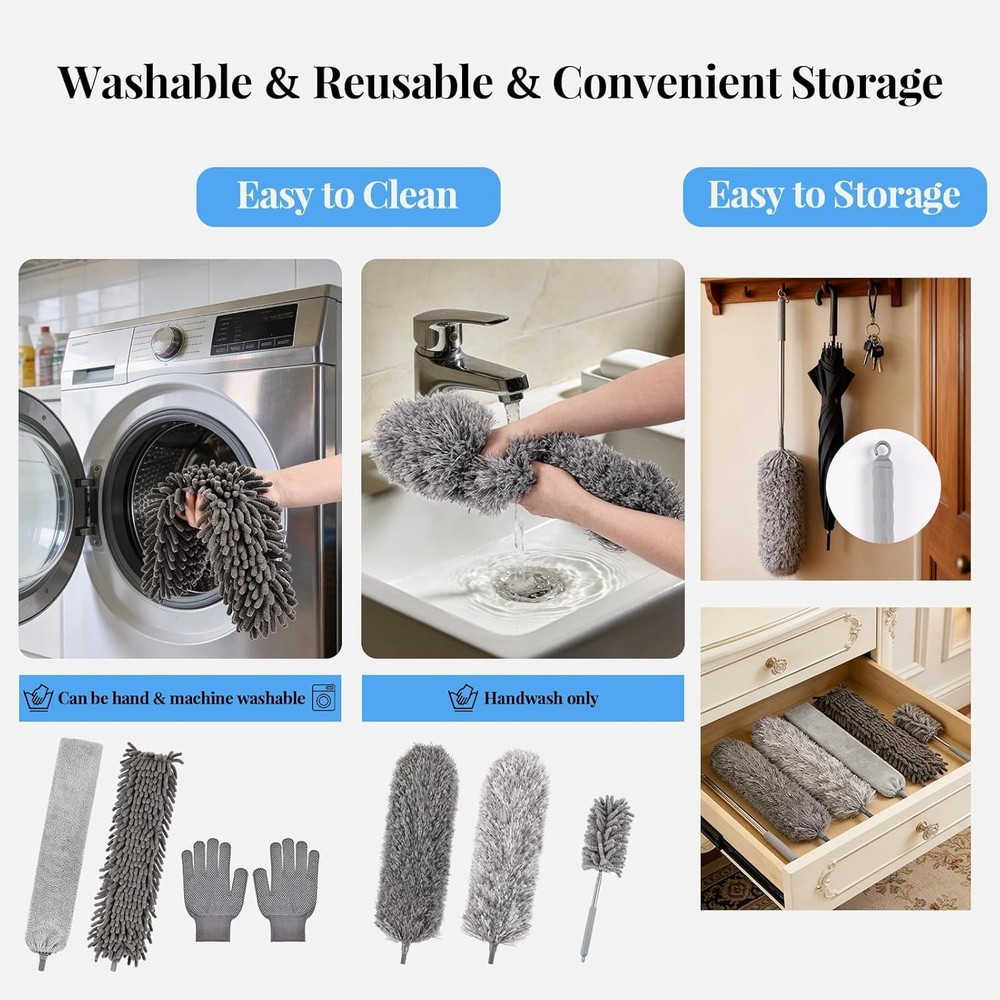 Microfiber Feather Duster Kit with Extension Pole, 7 PCS Washable Reusable Du...