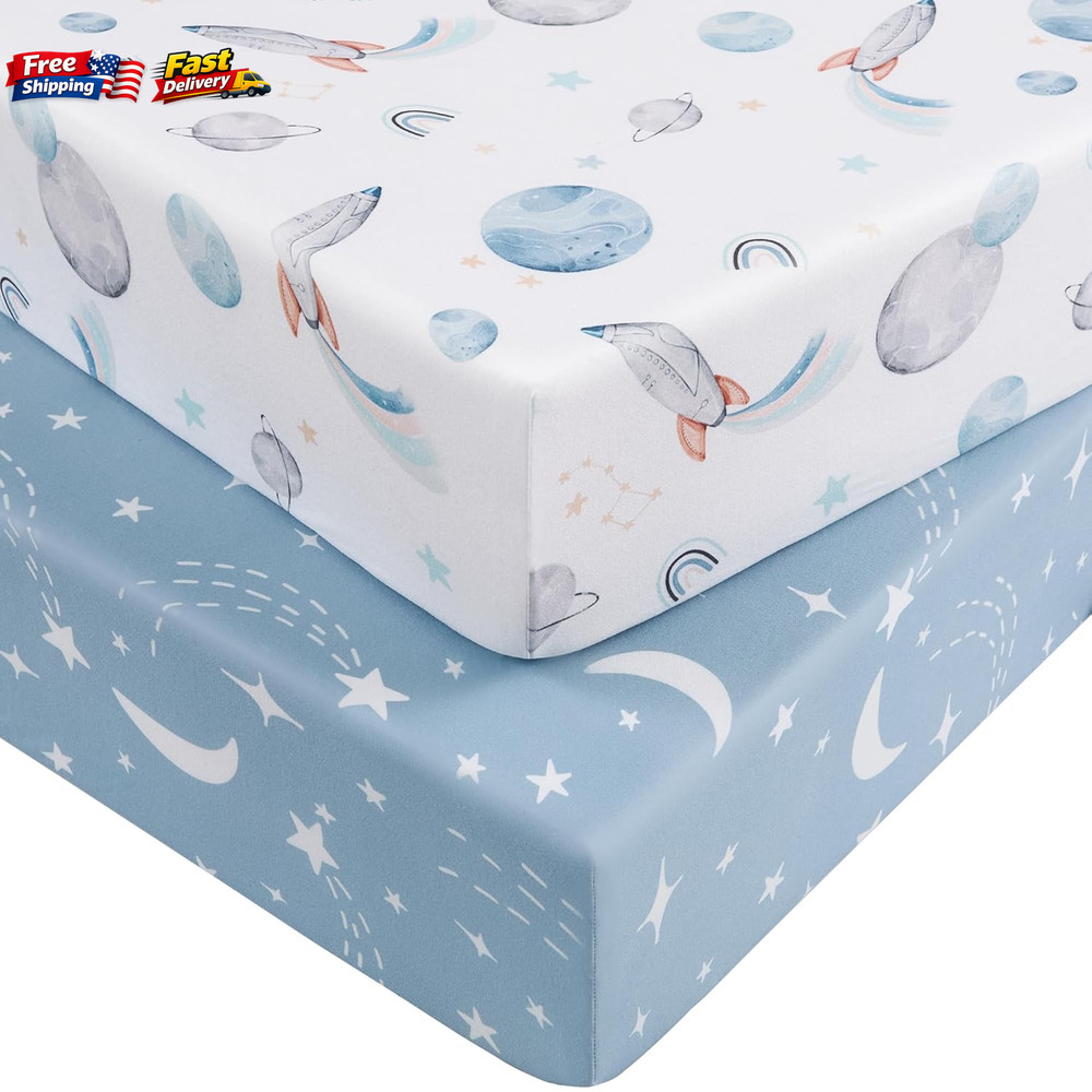 2-Pack Pack and Play Sheets 38x26" Mini Crib Fitted Sheets Blue Rocket Soft 2ct