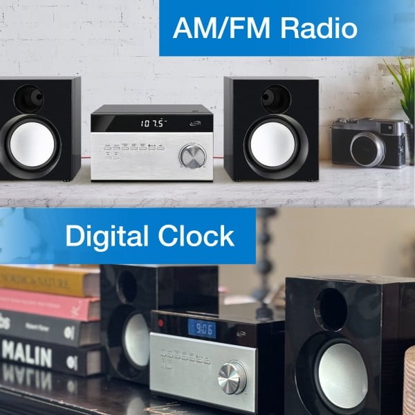 Home Music System W/ Bluetooth 2 Channel Stereo Sound CD Player Digital Clock
