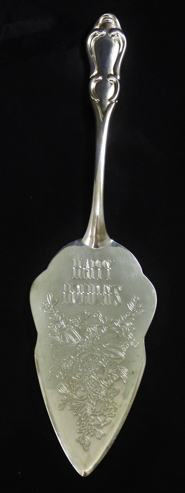 Christmas Silver Plate Cake Pie Server Happy Holidays  Embossed  Table Vintage