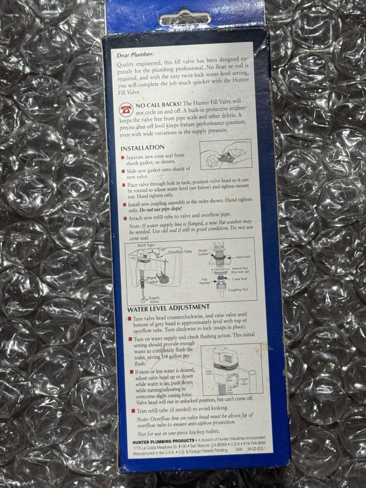HUNTER TOILET TANK Fill Valve