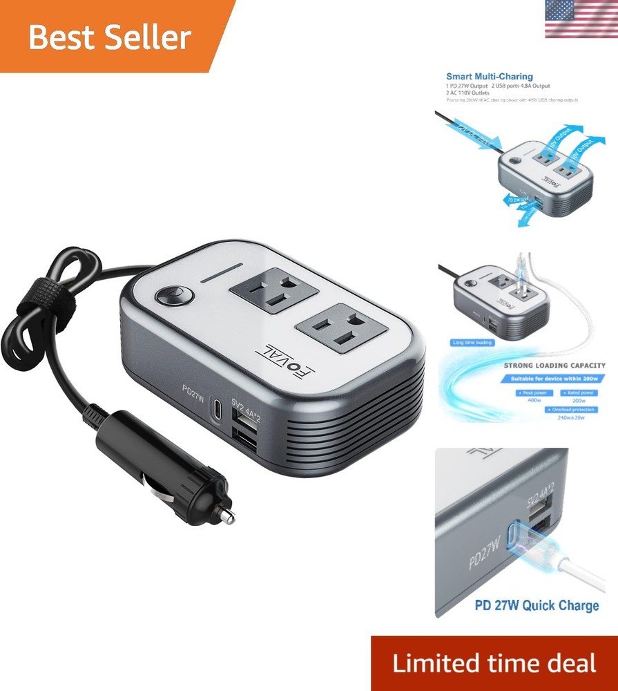 Ultra Compact 200W Car Inverter with 8 Ounce Weight - Ideal for On-the-Go Power