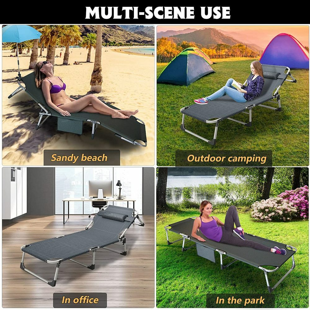 Slsy Adjustable 4-Position Folding Camping Cot Sleeping Cots W/Mat & Headrest