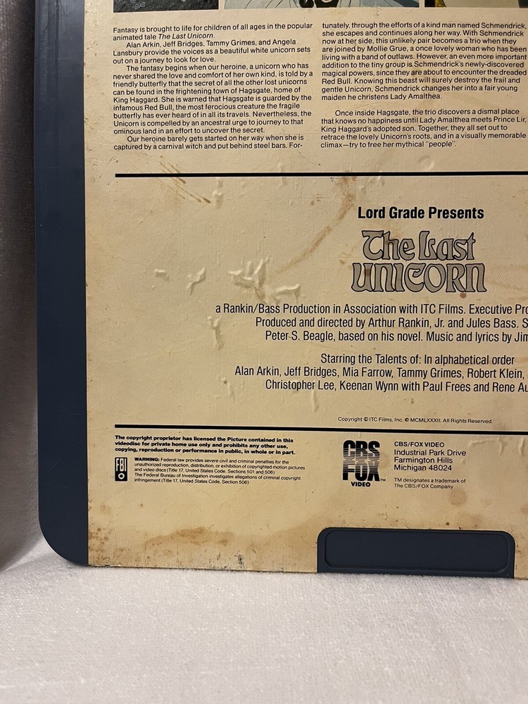 The Last Unicorn CBS FOX Capitance Electronic Disc System 1982 Untested