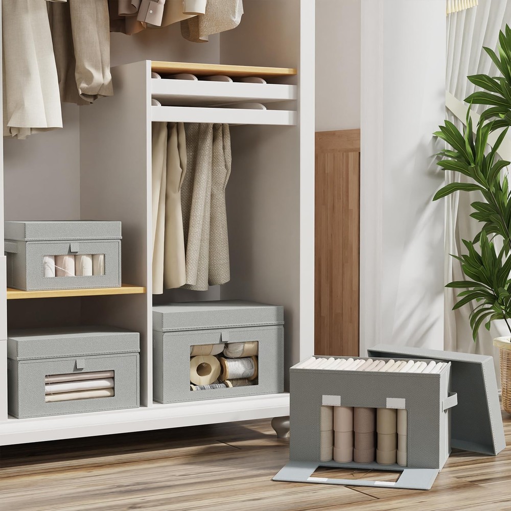 Foldable Storage Bin, Transparent Window Cube Organizer Basket with Lid and 2...