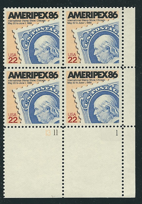 Scott #2145...22 Cent....AMERIPEX 86....Plate Block
