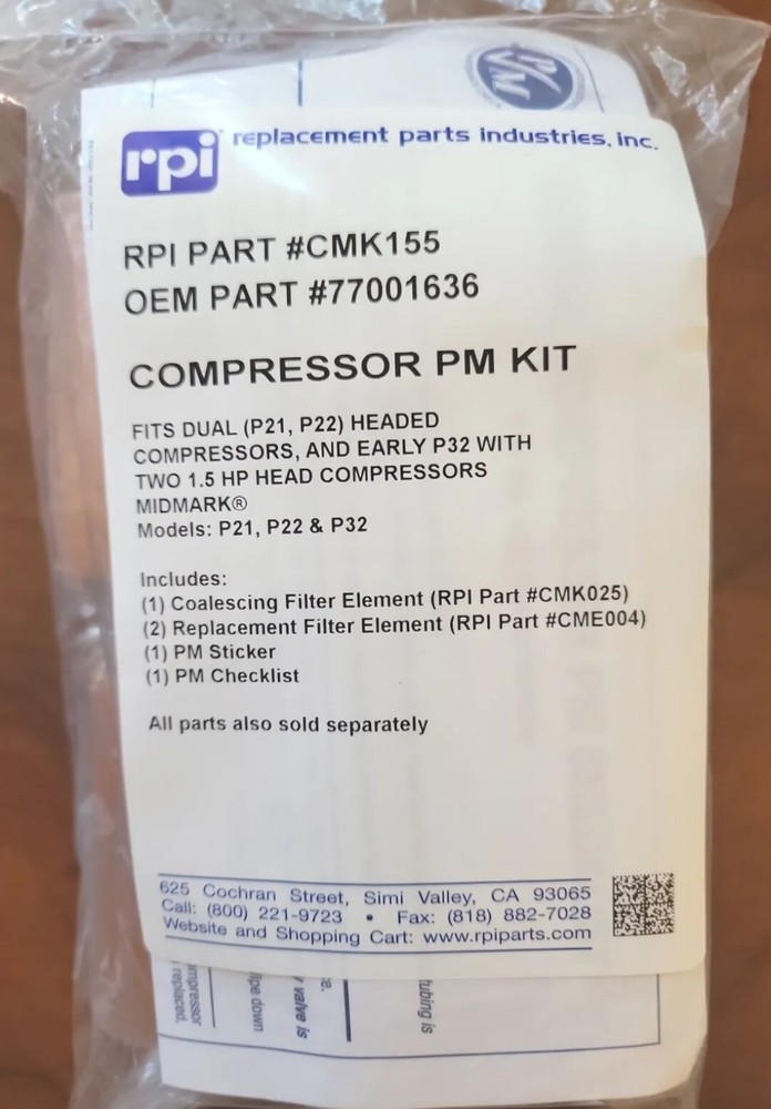 Compressor PM Kits MIDMARK® Coalescing Filter Element RPI# CMK155