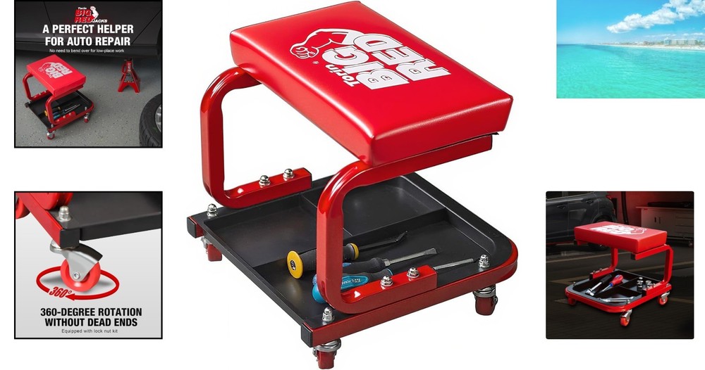 Red Rolling Creeper Seat - Heavy-Duty Mechanic Stool with Efficient Tool Storage