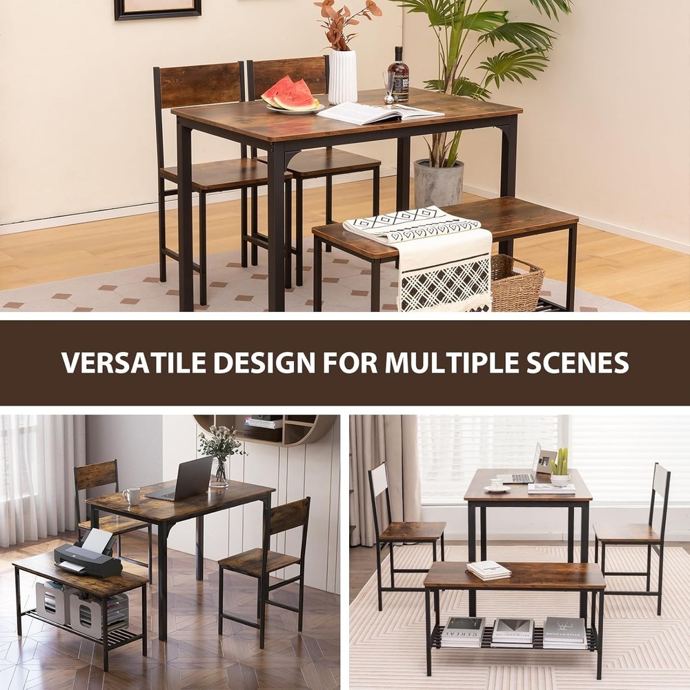 Dining Table Set 4 Kitchen Table W/ Bench & Chairs Industrial Gathering Bench