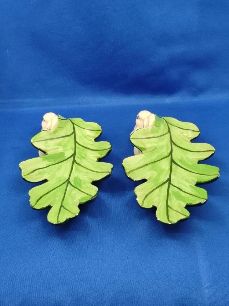 Vtg Atlantic Mold Set 2 Ceramic White Bunny Leaf Trinket Candy Dishes Easter '65