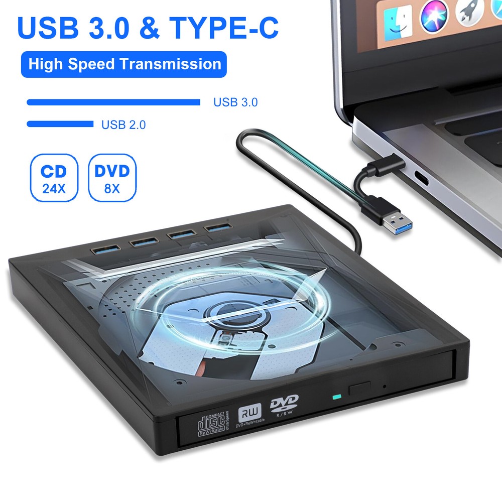 USB 3.0 External CD DVD Writer Drive Burner Reader Player for Windows 7/8/10/11
