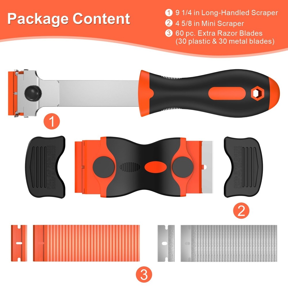 3 Pack Razor Blade Scraper Set, Includes 30 Plastic & 30 Metal Orange
