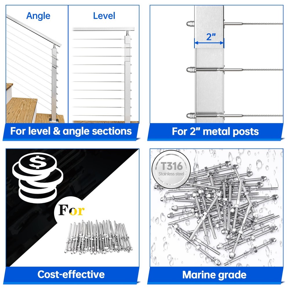 Muzata 60 Pack 1/8" Cable Railing Hardware For 2"x2&quot Post, Silver