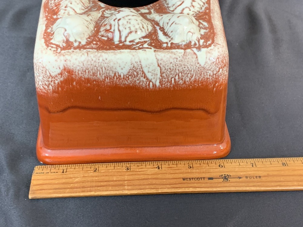 Vintage 60s 70s Retangular Ceramic Tissue Box Brown Drip Glaze Shells Beach