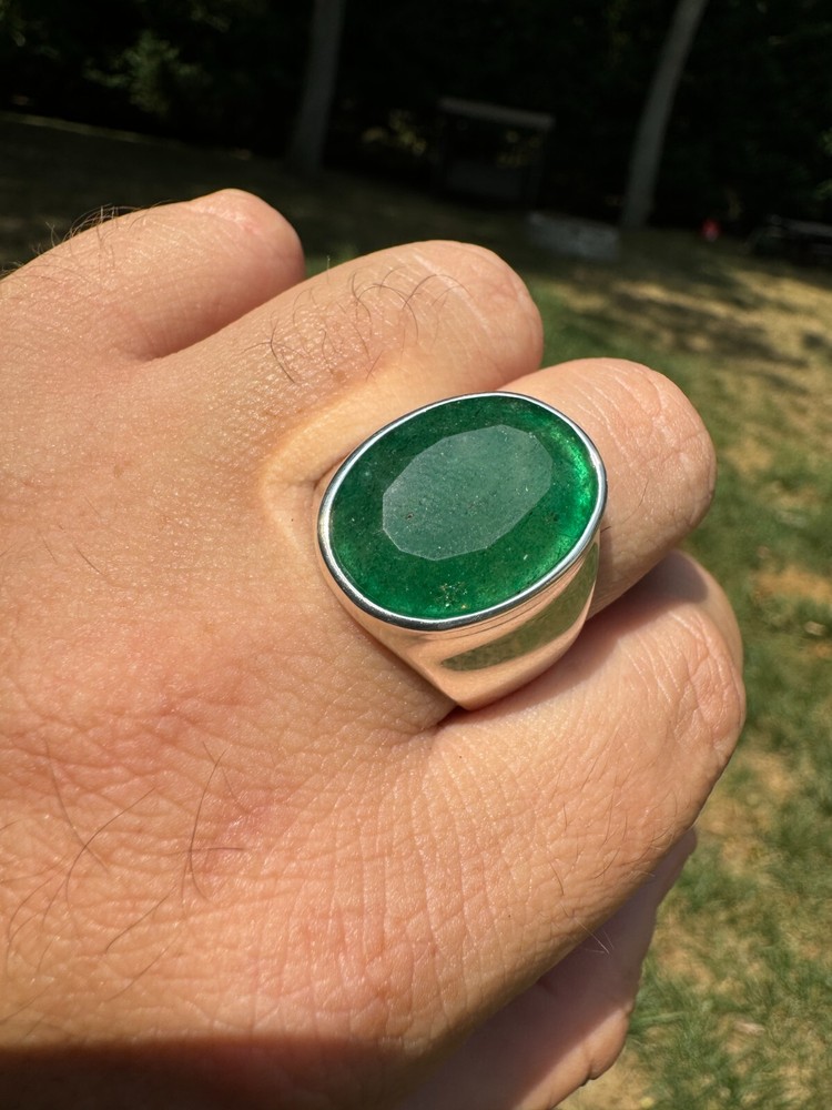 Large 18ct Genuine Emerald Gemstone Mens Real Solid 925 Silver Oval Signet Ring