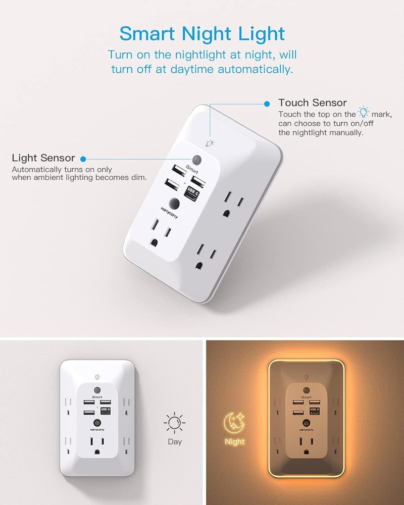 Outlet Extender with Night Light, Multi Plug Outlet, USB Wall Charger White