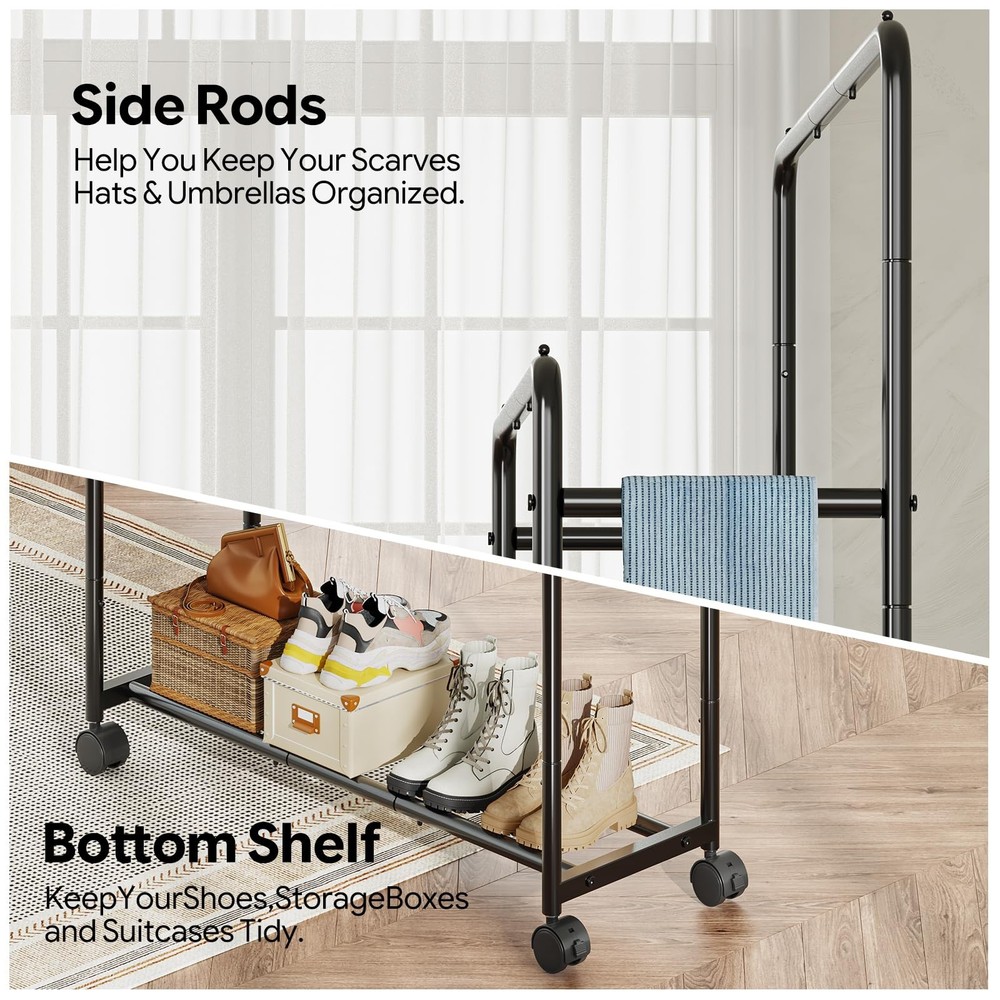 Double Rod Clothes Rack Rolling Garment Rack Black