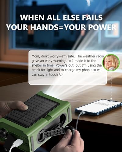 Emergency Weather Radio with Large Solar Panel, Efficient Hand Crank Army Green