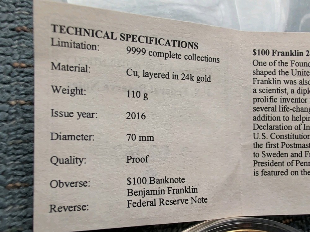 AMERICAN MINT. 2016. BENJAMIN FRANKLIN COIN.