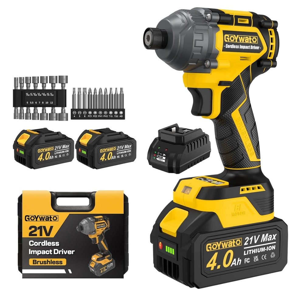 Powerful Brushless Cordless Impact Driver - 2 Batteries & 14 Socket Set