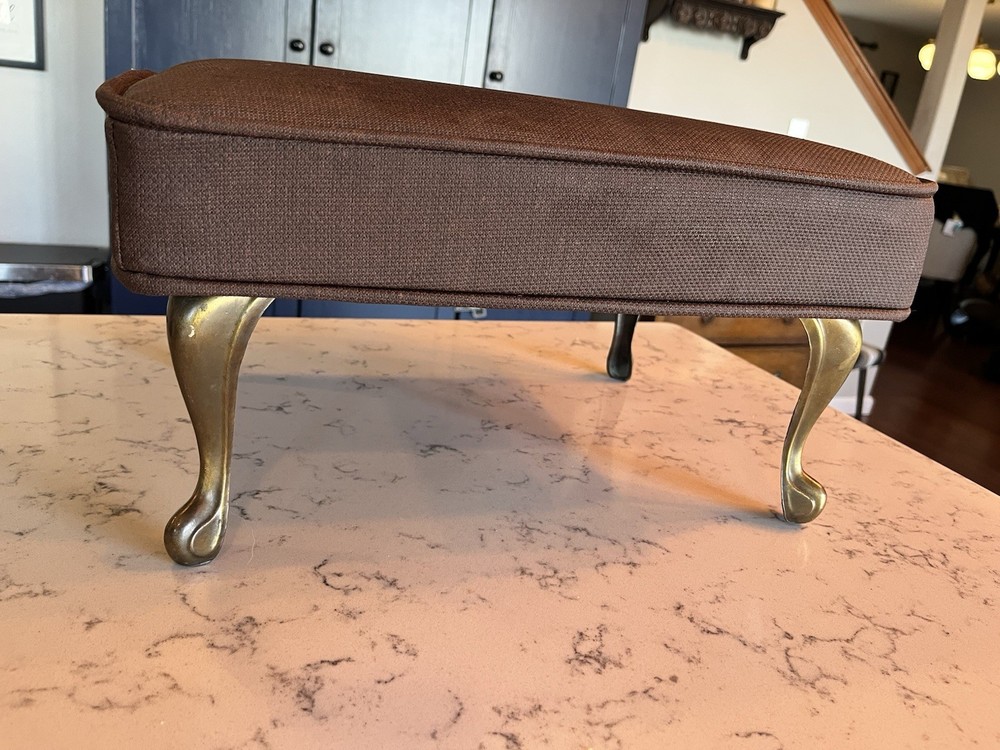 Vintage Upholstered Foot Stool Brass Feet