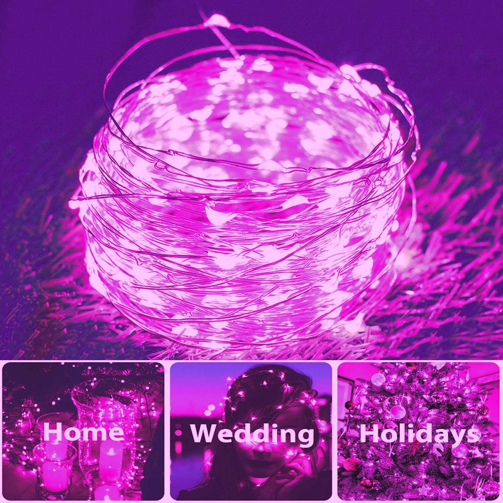 2 Pack Total 200 LED 66FT Solar Powered Copper Wire String 2 Pack, Pink