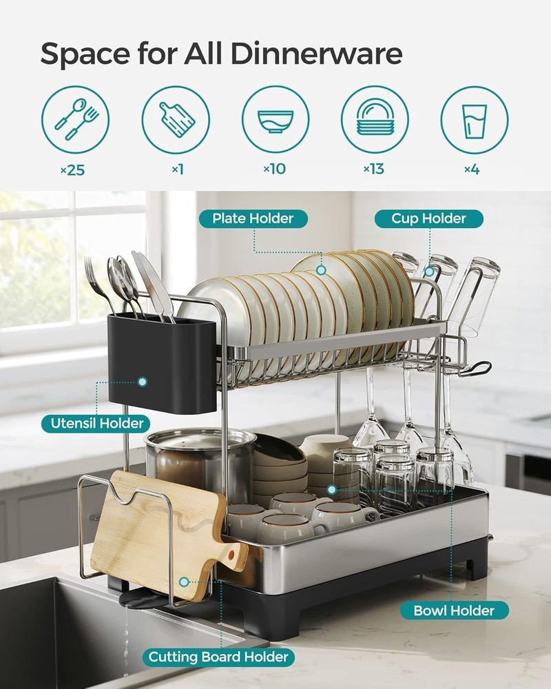 Dish Drying Rack 2 Tier Dish Rack Kitchen Counter W/ Rotatable & Extendable