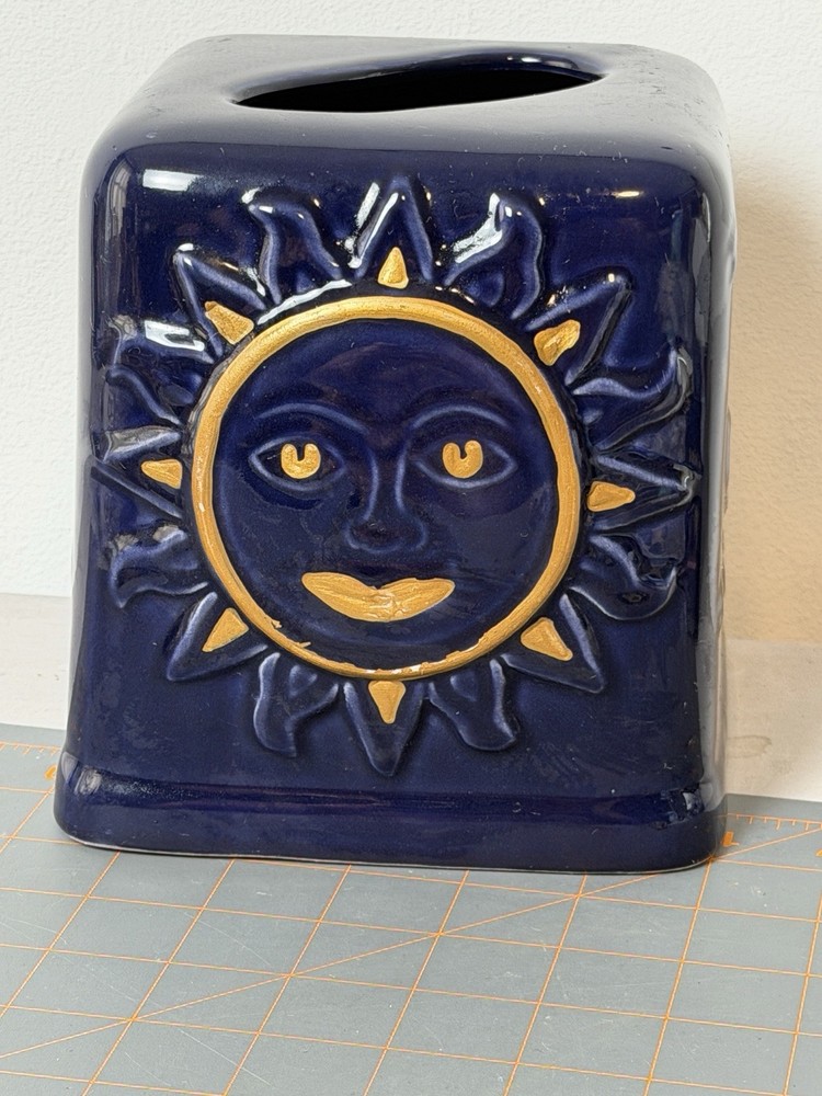 Blue Celestial Tissue Cover Holder Sun Stars Ceramic