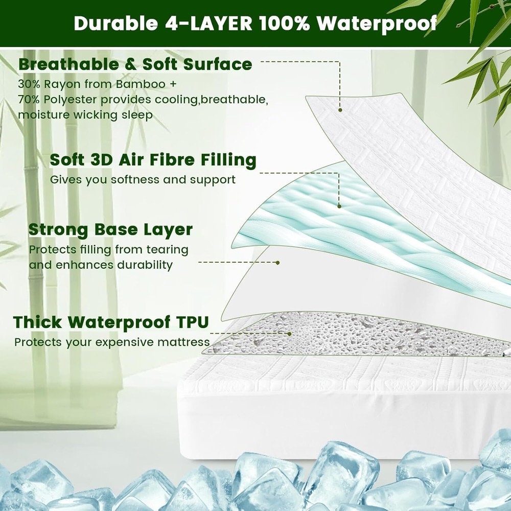 Waterproof Bamboo Mattress Protector Fitted Deep Pocket Cooling Surface New