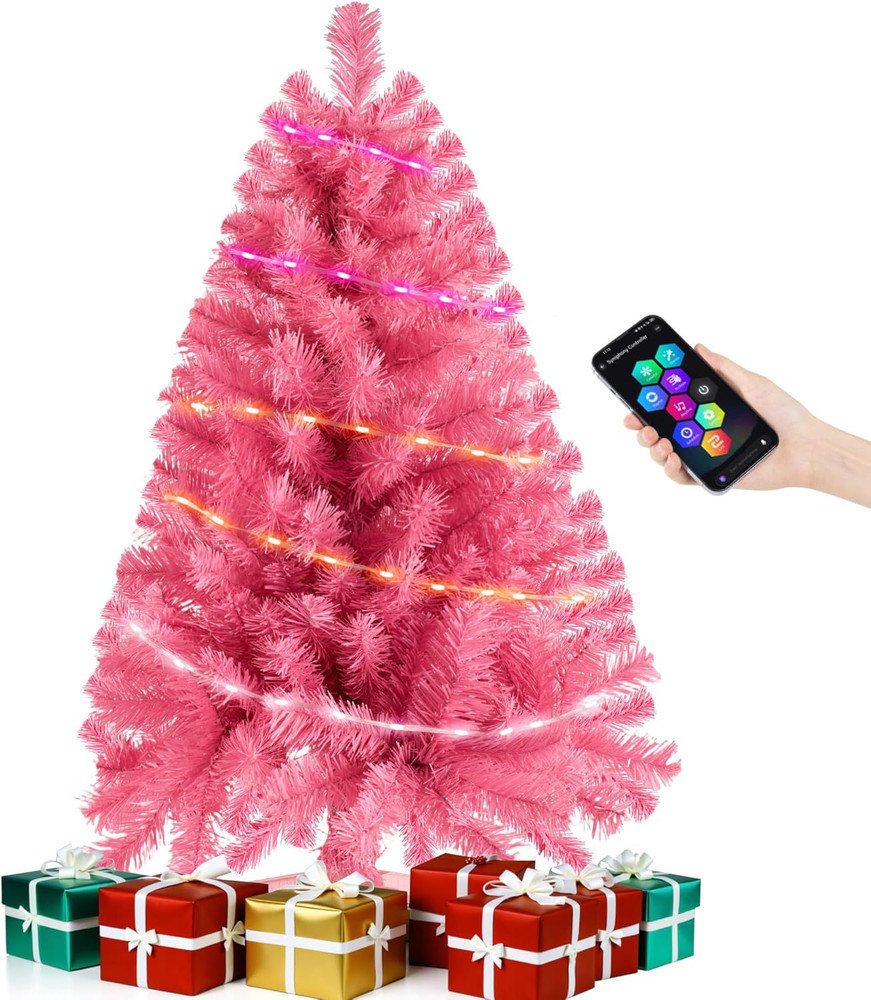 Pink 3Ft Christmas Tree with Lights, Small 36Inch Artificial Tree Mini Table Top