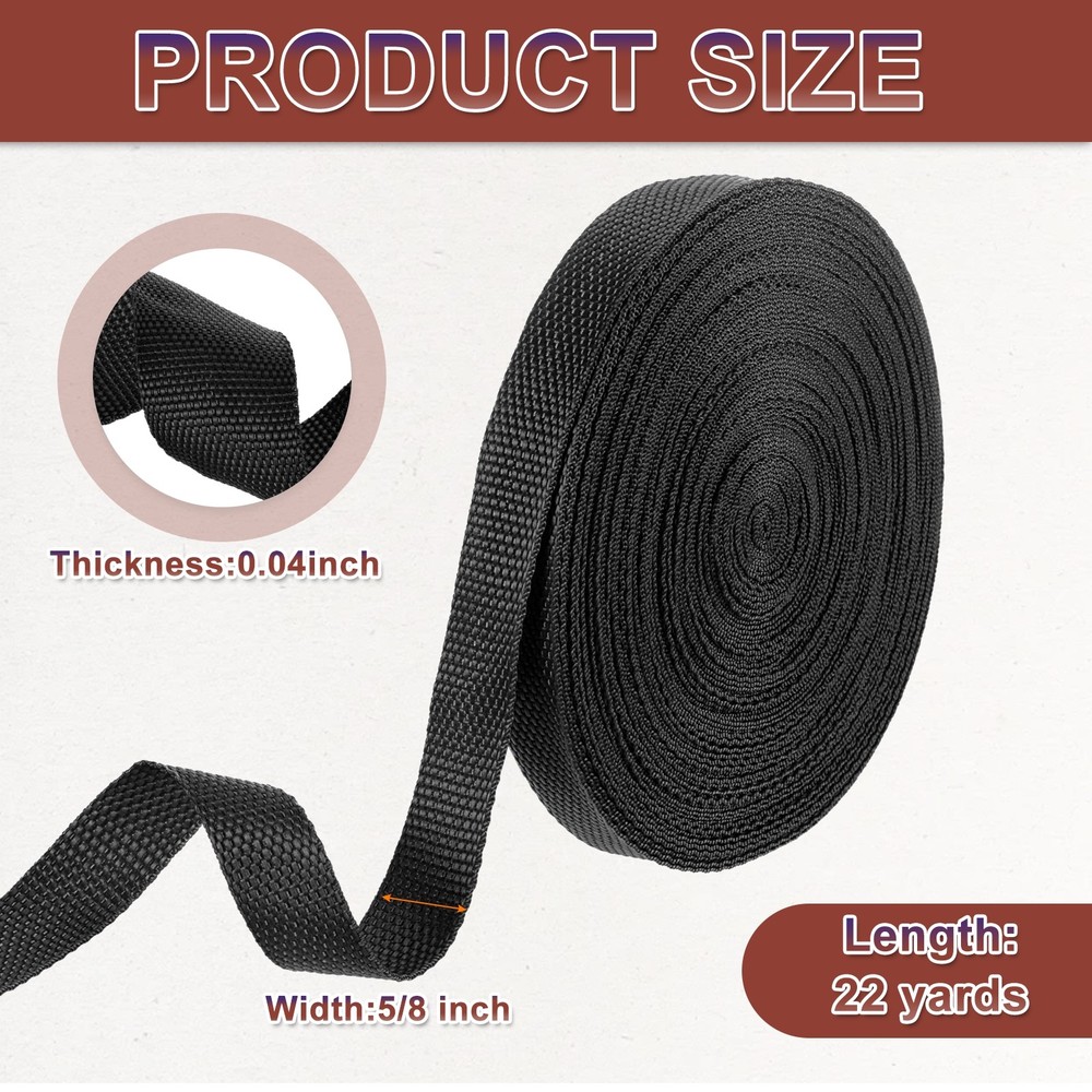 Nylon Webbing Strap, 22 Yards x 3/4" Polypropylene Flat Webbing Strap (Black)
